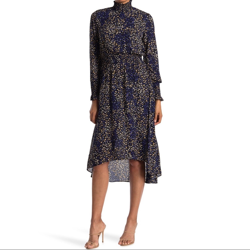 NANETTE NANETTE LEPORE Smock Neck Long Sleeve Geometric Print Waist Dress